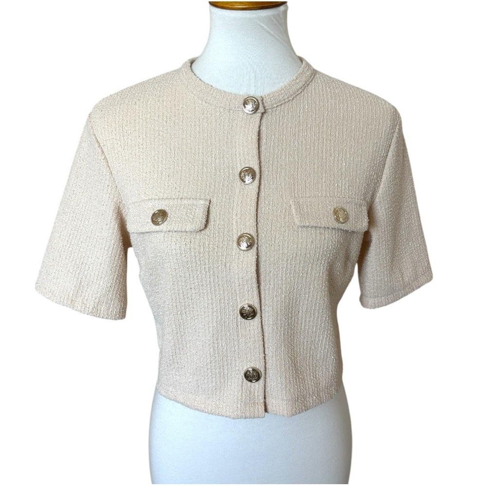 H&M SHORT SLEEVED BOUCLE CARDIGAN TOP CREAM SIZE SMALL - Picture 3 of 9
